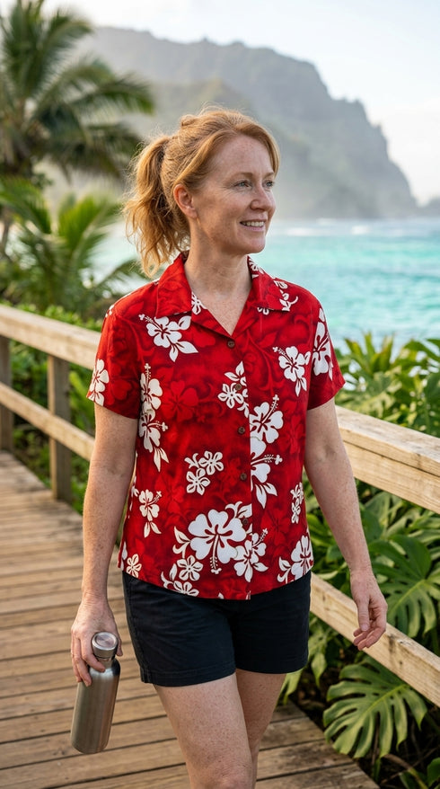 Pacific Legend Women's Shadow White Hibiscus Fitted Shirt