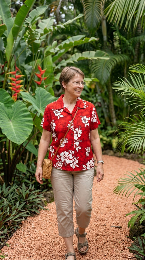 Pacific Legend Women's Shadow White Hibiscus Fitted Shirt