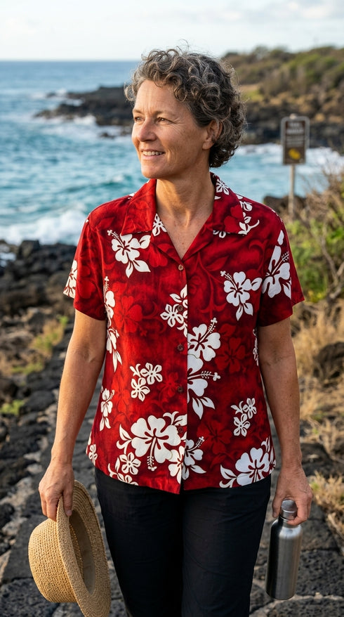Pacific Legend Women's Shadow White Hibiscus Fitted Shirt