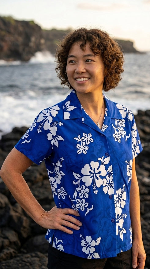 Pacific Legend Women's Shadow White Hibiscus Fitted Shirt