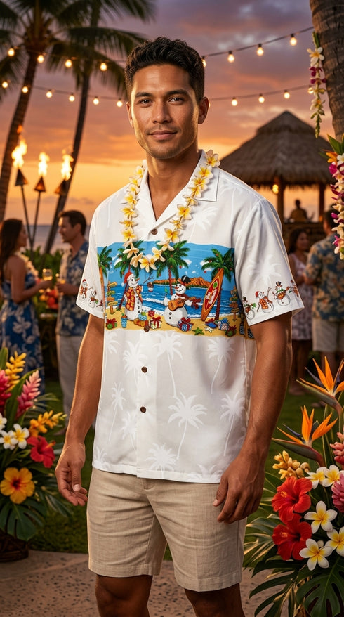 Pacific Legend Snowmen Christmas Beach Party Men's Hawaiian Shirt, additional view 3 of 7