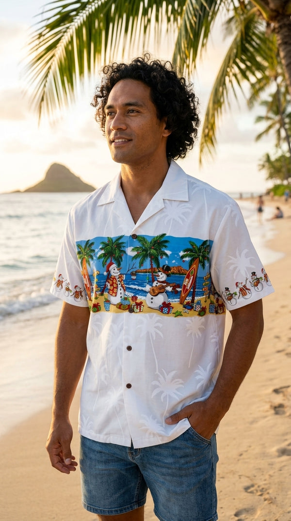 Pacific Legend Snowmen Christmas Beach Party Men's Hawaiian Shirt, additional view 1 of 7