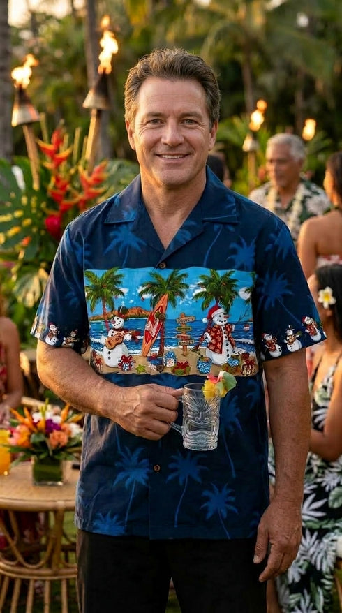 Pacific Legend Snowmen Christmas Beach Party Men's Hawaiian Shirt, additional view 2 of 7