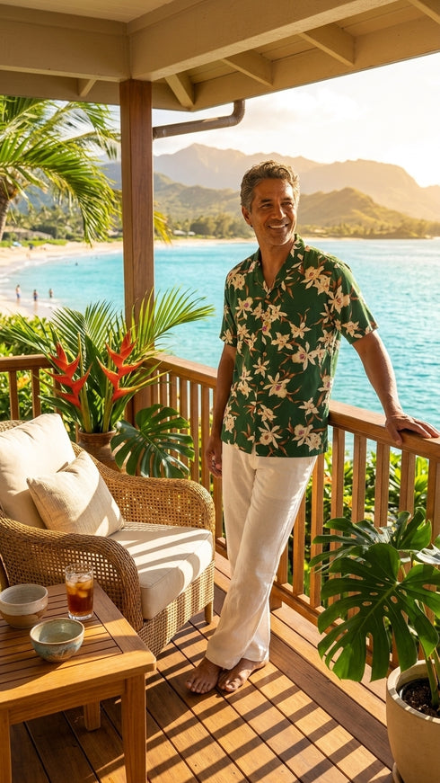 Paradise Found Men's Star Orchid Tom Selleck Magnum PI Hawaiian Shirt