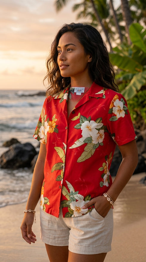 Pacific Legend Womens S to XXL Tropical Hibiscus Camp Shirt
