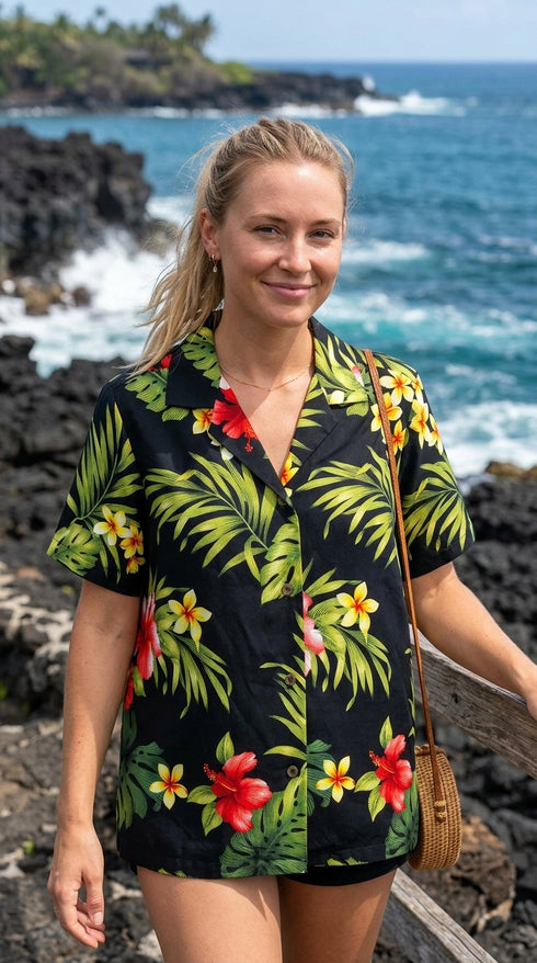 RJC Tropical Summer Hibiscus Women's Hawaiian Camp Shirt, view 7 of 9