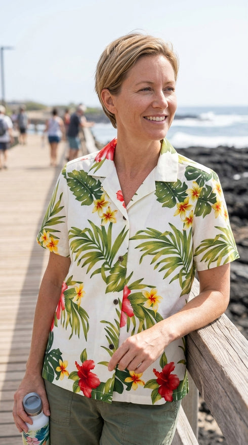 RJC Tropical Summer Hibiscus Women's Hawaiian Camp Shirt, view 8 of 9