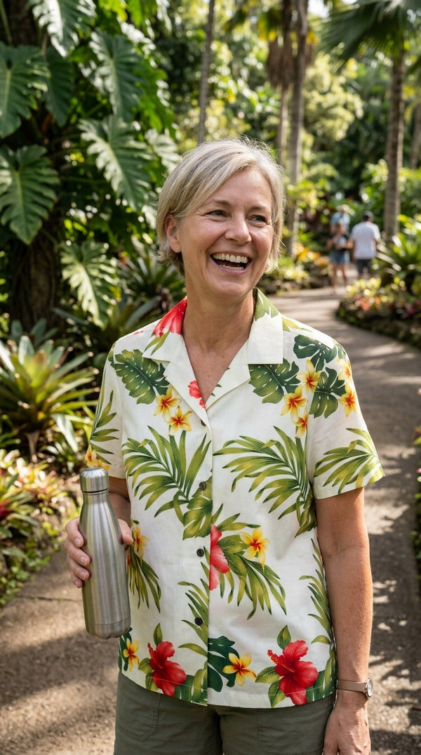 RJC Tropical Summer Hibiscus Women's Hawaiian Camp Shirt