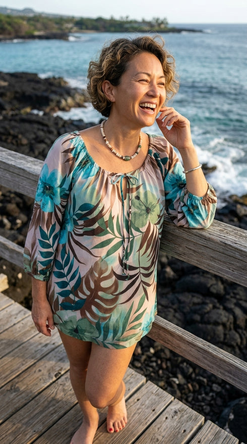RJC Womens Watercolor Tropic Peasant Blouse