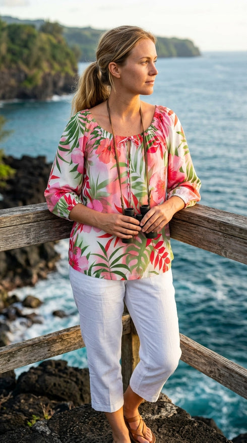RJC Womens Watercolor Tropic Peasant Blouse