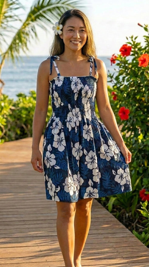 Women’s Smocked Tube Dress – White Hibiscus Fern Print