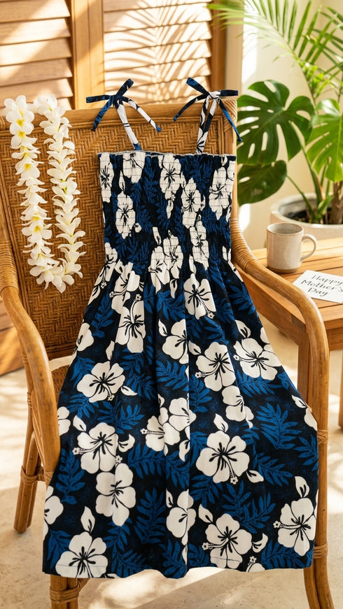 Women’s Smocked Tube Dress – White Hibiscus Fern Print