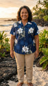 Pacific Legend Women's White Hibiscus Monstera Fitted Shirt