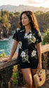 Pacific Legend Women's White Hibiscus Monstera Fitted Shirt