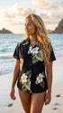 Pacific Legend Women's White Hibiscus Monstera Fitted Shirt