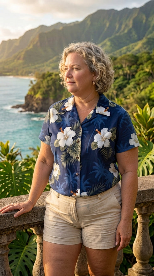 Pacific Legend Women's White Hibiscus Monstera Fitted Shirt