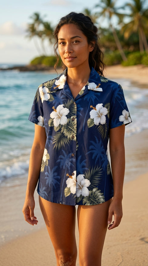 Pacific Legend Women's White Hibiscus Monstera Fitted Shirt