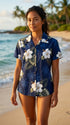 Pacific Legend Women's White Hibiscus Monstera Fitted Shirt