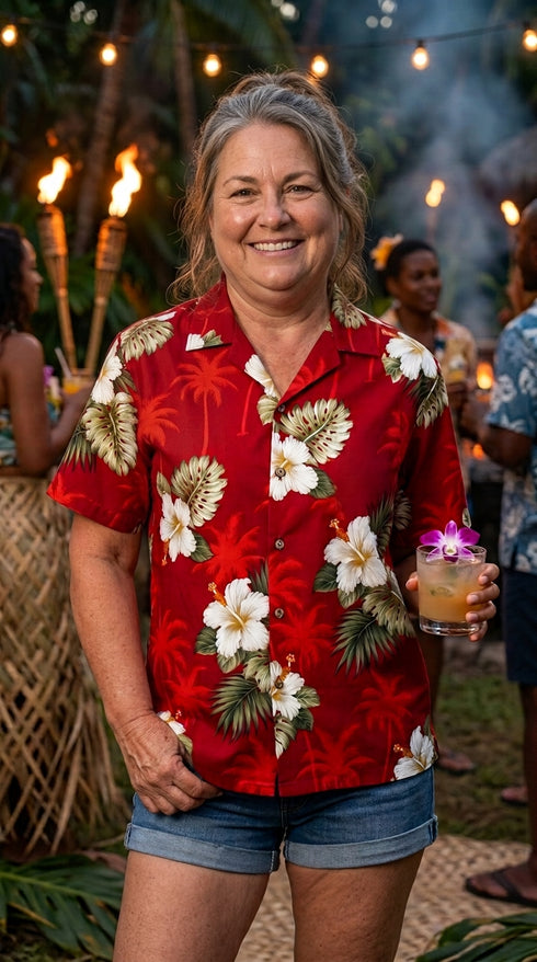 Pacific Legend Women's White Hibiscus Monstera Camp Shirt