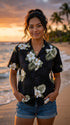 Pacific Legend Women's White Hibiscus Monstera Camp Shirt