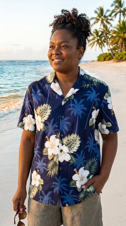 Pacific Legend Women's White Hibiscus Monstera Camp Shirt