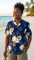 Pacific Legend Women's White Hibiscus Monstera Camp Shirt