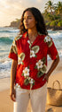 Pacific Legend Women's White Hibiscus Monstera Camp Shirt