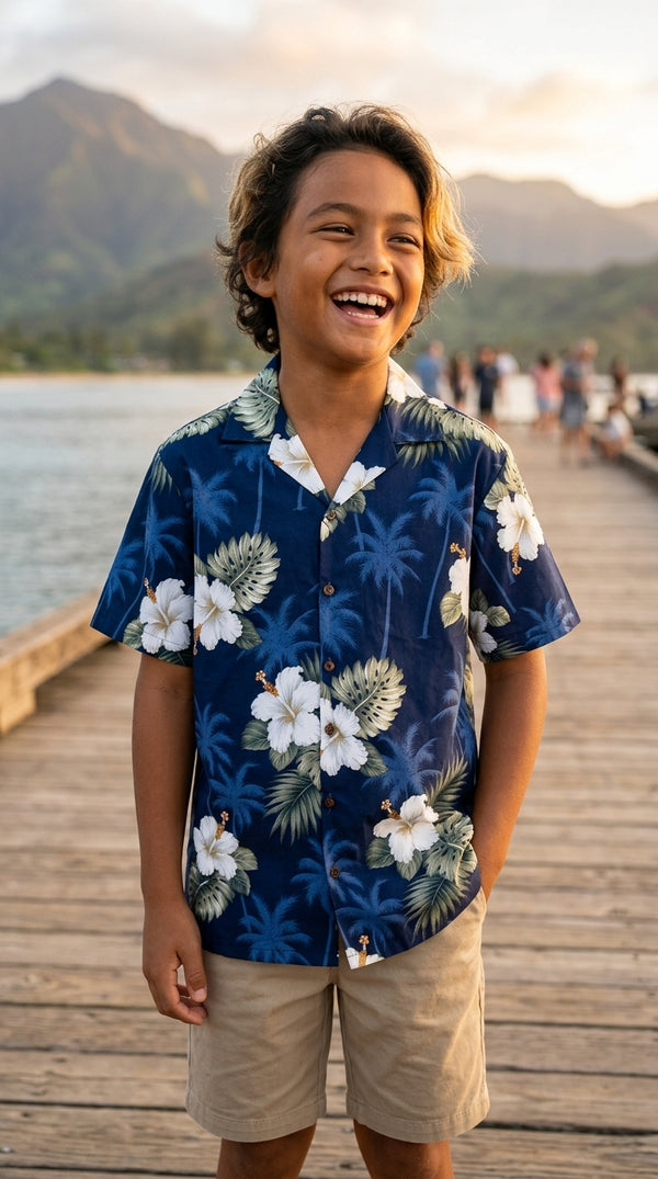 White Hibiscus Monstera Boy's Hawaiian Shirt