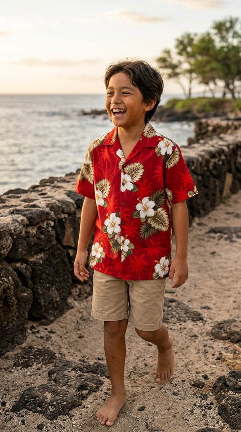 White Hibiscus Monstera Boy's Hawaiian Shirt
