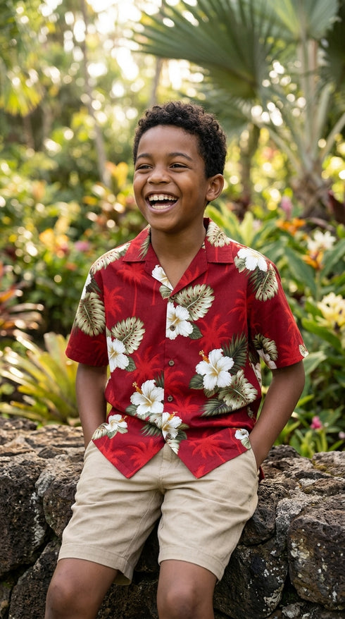 White Hibiscus Monstera Boy's Hawaiian Shirt