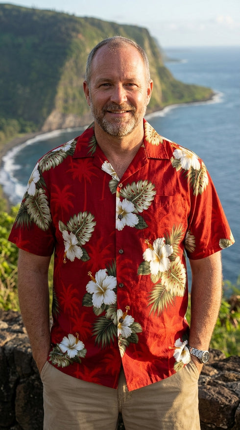 Pacific Legend Men's White Hibiscus Monstera Shirt