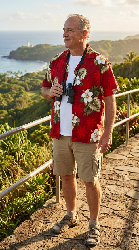 Pacific Legend Men's White Hibiscus Monstera Shirt