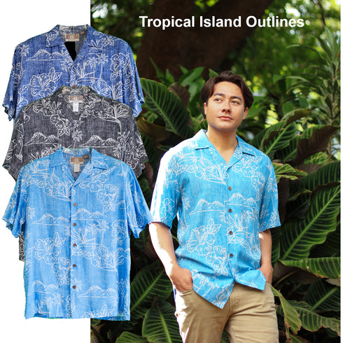 Tropical Island Outlines Hawaiian Aloha Mens Rayon Shirt