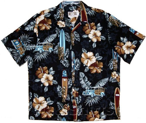 RJC Mens Classic Hibiscus Tiki God Woodie Surfboard Shirt