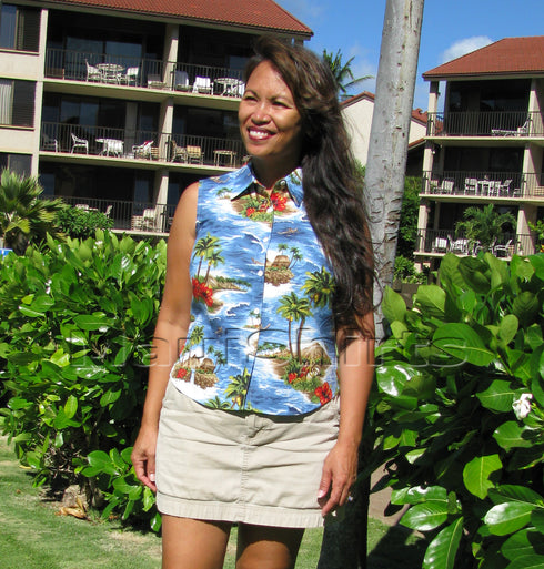 Red Hibiscus Island Women's Fitted Sleeveless Aloha Blouse - Regular Size