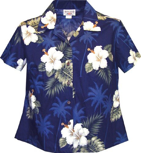 Pacific Legend Women's White Hibiscus Monstera Fitted Shirt