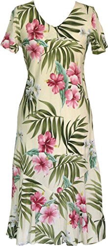 RJC Women's Pale Hibiscus Orchid Tea Length Cap Sleeve Hawaiian Dress
