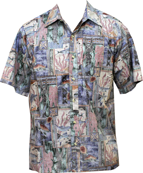 Made in USA - Go Barefoot Men's Honu Turtle Tapa Reverse Aloha Shirt