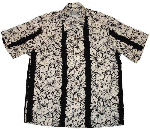 Classic Hibiscus Panel Men's Kamehameha Style Rayon Vintage Shirt in Black - 5X