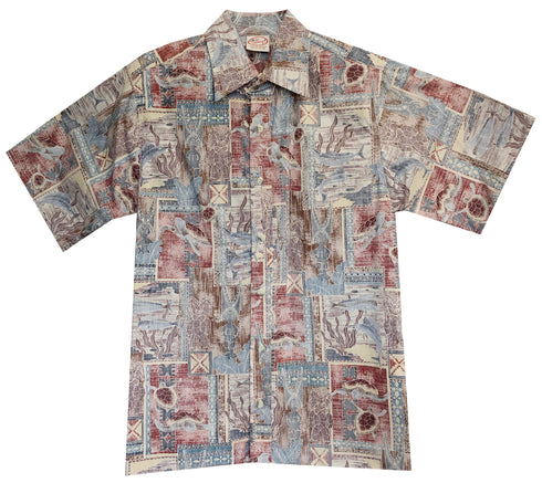 Made in USA - Go Barefoot Men's Honu Turtle Tapa Reverse Aloha Shirt