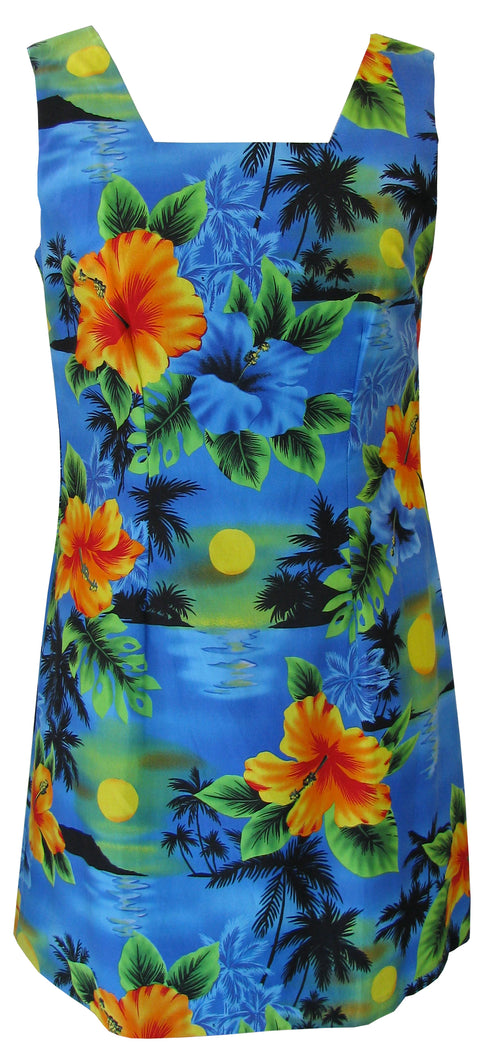 Neon Hibiscus Moon Women's A-Line Hawaiian Short Tank Dress