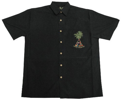Bamboo Cay Mens Aloha Christmas Happy Holidays Tree Embroidered Shirt