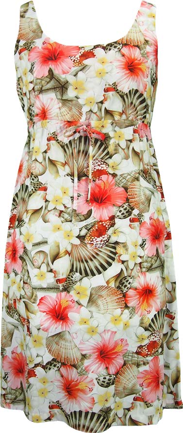 Sea Shell Hibiscus Gareden Women's Empire Tie Front Hawaiian Dress (Generous Fit)