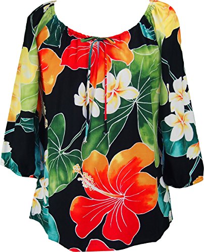 RJC Womens Bold Hibiscus Plumeria Peasant Blouse