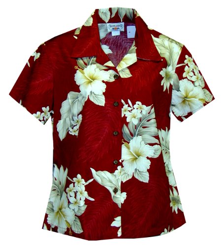 Pacific Legend Women's Plumeria Hibiscus Feather Fern Fitted Shirt