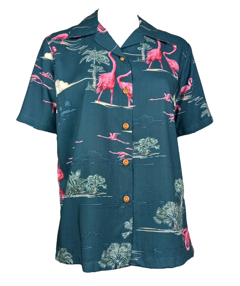 Pink Flamingo Lagoon Women's Hawaiian Camp Shirt