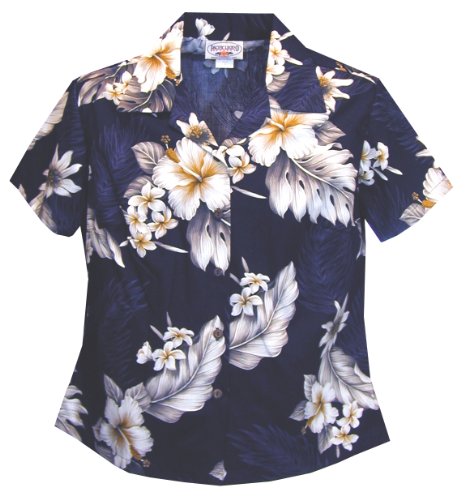 Pacific Legend Women's Plumeria Hibiscus Feather Fern Fitted Shirt