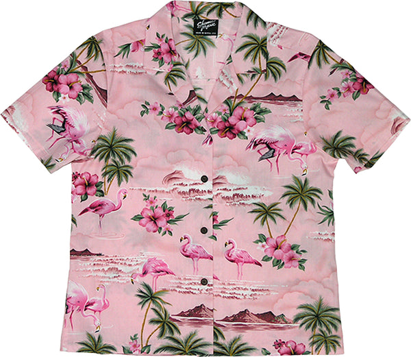 Pink Flamingo HIbiscus Women's Hawaiian Camp Shirt