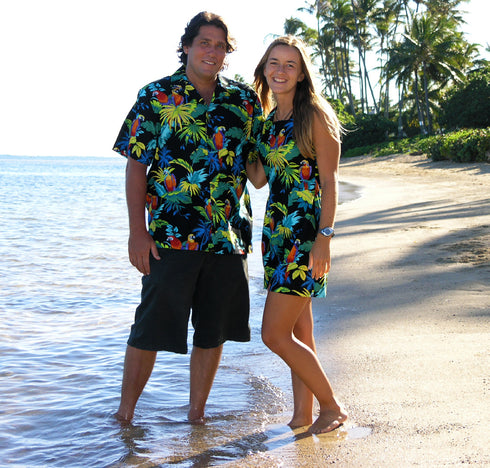 Hawaiian Women’s Cotton A-Line Dress – Jungle Parrot – Slimming Bodice