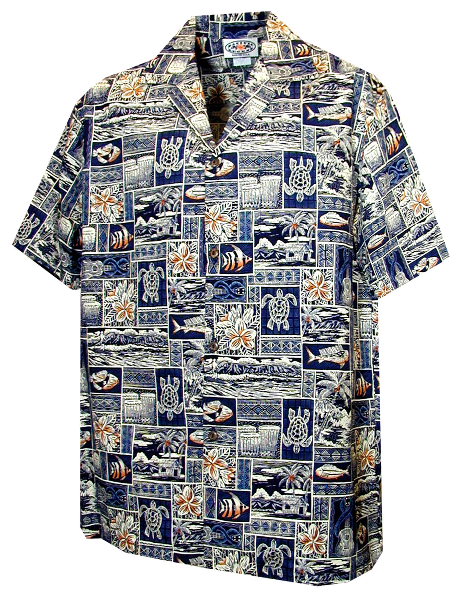 Go Barefoot Antique Hibiscus Navy Cotton Men's Hawaiian Shirt , M